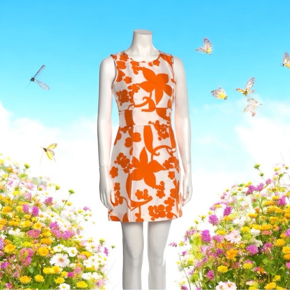 Tory Burch Floral Orange Silk Sleeveless Dress with Piping